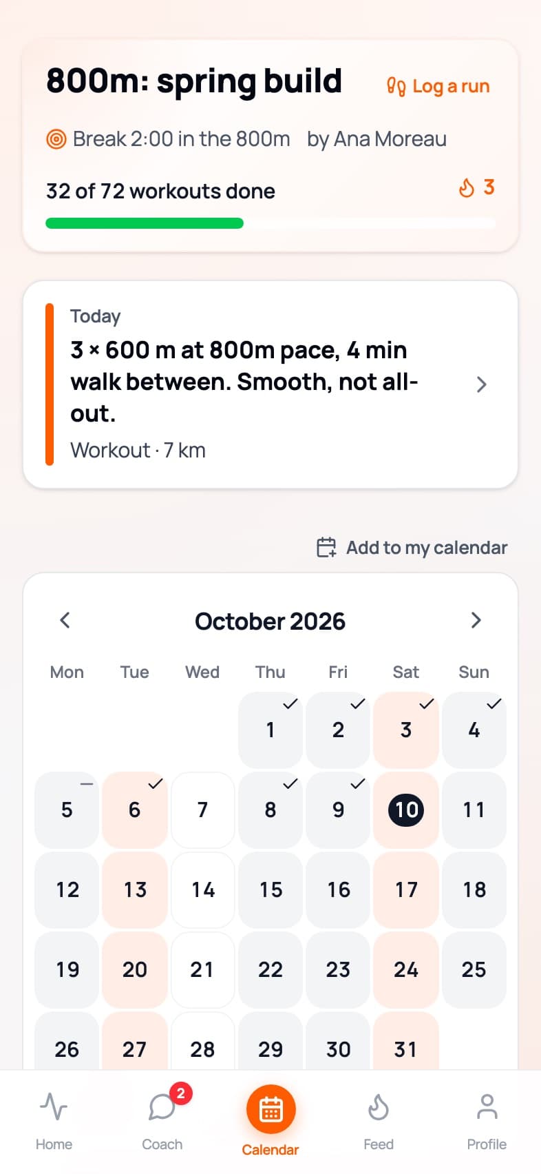 The athlete’s month on the calendar, each day ticked off as it is run