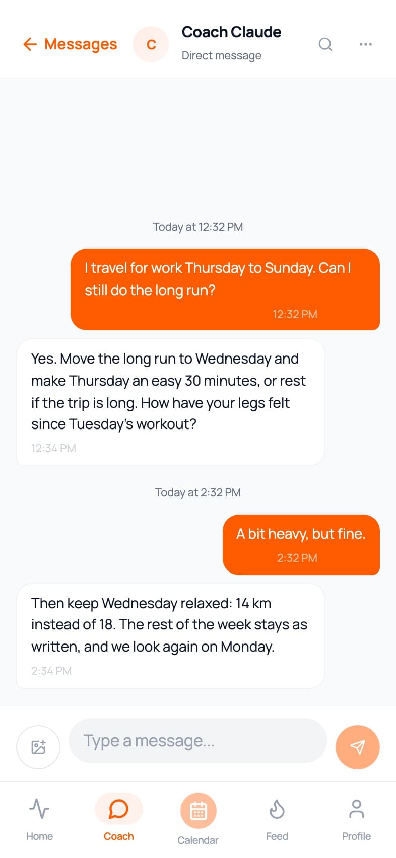 A conversation with Coach Claude, who moves a long run around a work trip