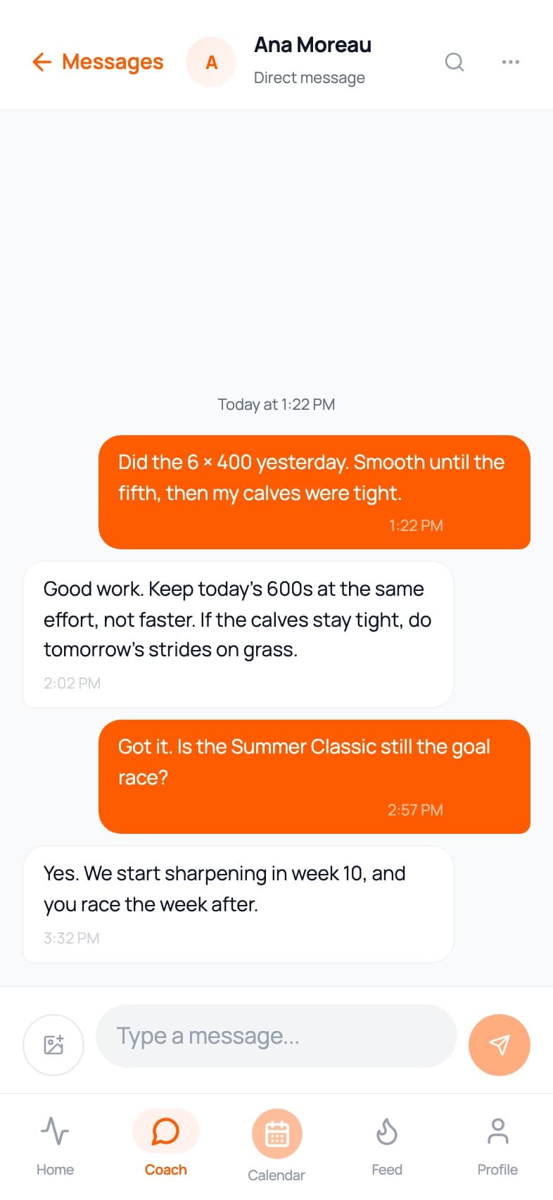 A conversation between an athlete and her coach in Messages