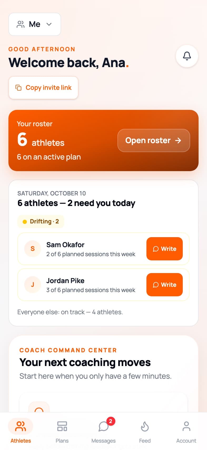 The coach’s home in the app: six athletes, two who need a word today