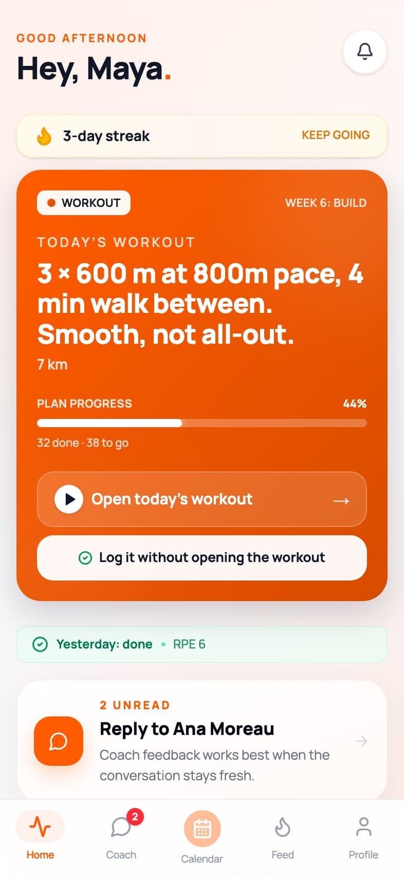 An athlete’s home in the app, with today’s workout